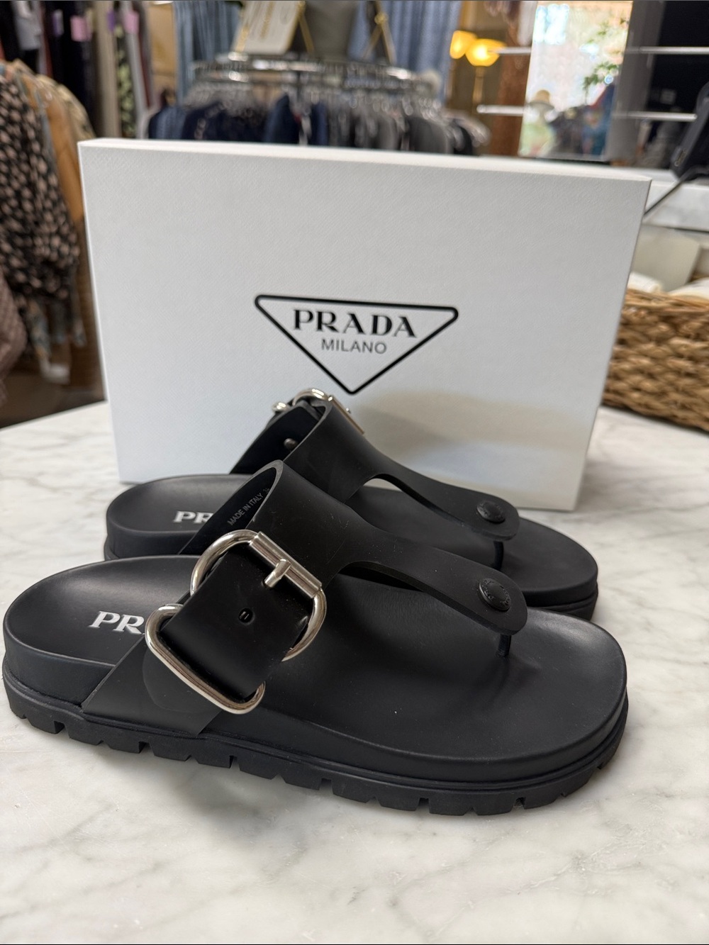 Prada NIB Black Rubber Lug Sole Fussbet Buckle Thong Sandal with Silver Hardware